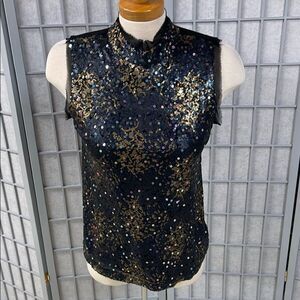 Tristan Black and Gold Sequin Sleeveless Blouse, Size Small